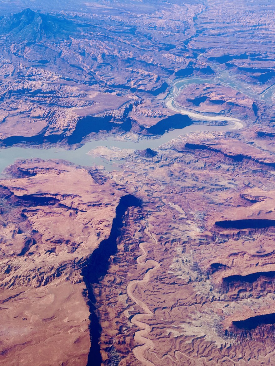 The Colorado River flows through canyons in Utah upstream of Lake Powell. Historically low snowpack has led to drought conditions in Colorado and around the west.