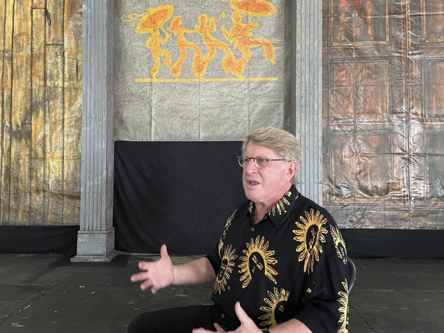 Quint Davis, the producer of the New Orleans Jazz & Heritage Festival, discusses the festival's return as he sits on the stage in the festival's Blues Tent on Tuesday, April 26, 2022. The festival opens Friday for the first time in three years after cancellations in 2020 and 2021 due to the COVID-19 pandemic.