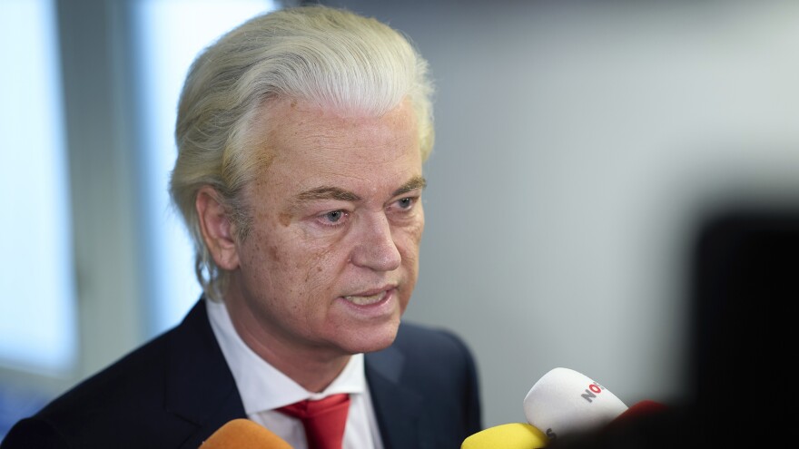 Far-right lawmaker Geert Wilders talks to the media after pulling his party out of the four-party Dutch coalition in The Hague, Netherlands, Tuesday, June 3, 2025. 