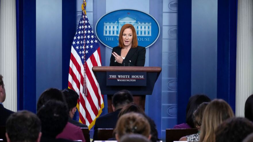 White House press secretary Jen Psaki speaks Tuesday at the daily briefing. She acknowledged a White House staffer had tested positive for the coronavirus despite being fully vaccinated. She said it wasn't the first breakthrough case.