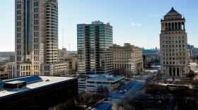 The Thomas F. Eagleton U.S. Courthouse, left, the Carnahan Courthouse, center back, and the Civil Courts building, right, are pictured on Thursday, Jan. 26, 2023, as seen from Missouri Legal Services’s new headquarters in the Peabody Plaza building in downtown St. Louis.