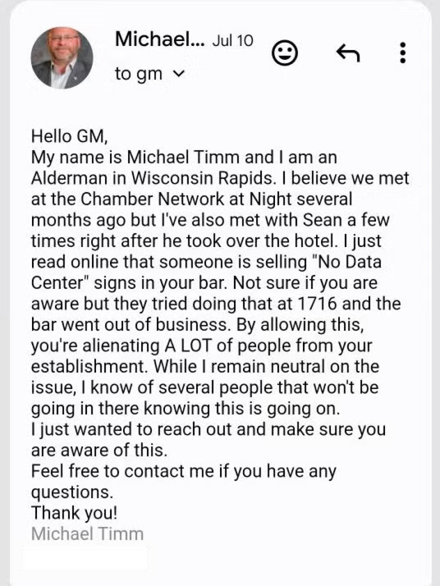 This email was sent by sitting Alderman Michael Timm to a Wisconsin Rapids business. He publicly shared the email.