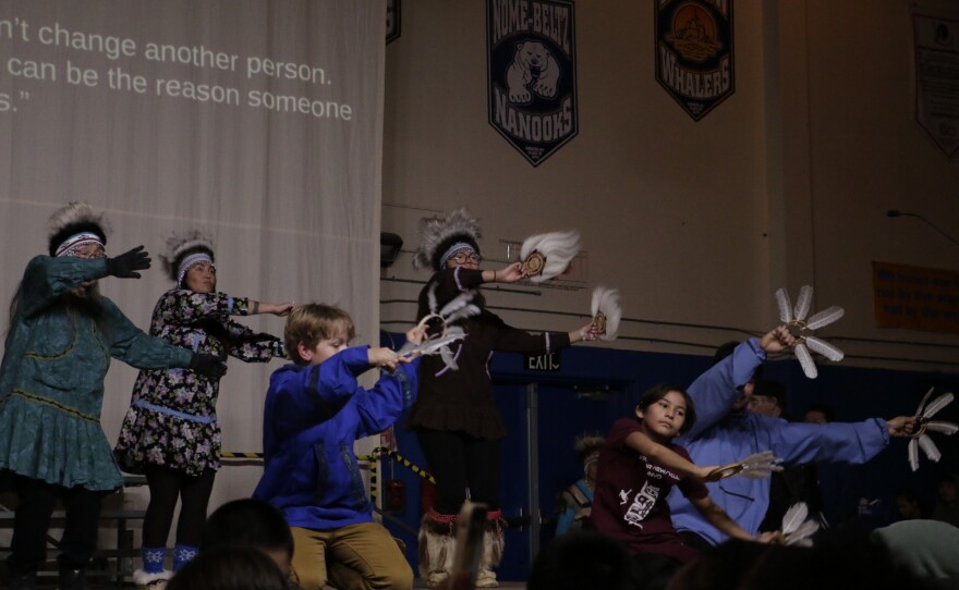 Pamyua members invite their families onto the Cama'i stage on March 27, 2026 in Bethel, Alaska.