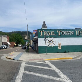 Downtown Damascus, with a mural that reads 'Trail Town USA'