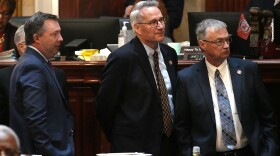 Ethics Committee Chairman Jay Jordan, R-Florence, Speaker Pro Tem Tommy Pope, R-York, and House Majority Leade Davey Hiott, R-Pickens, in the House chamber at the South Carolina Statehouse on March 24, 2026.