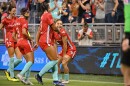 Lo’eau LaBonta, midfielder for the Kansas City Current, celebrates her 5th goal of the season with her teammates.