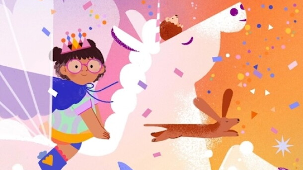A colorful illustration of a child with brown hair and pink round glasses, wearing a cape and a crown and riding a unicorn and surrounded by a flying shark, rabbit and hedgehog. They are surrounded by bright colors and confettis. 