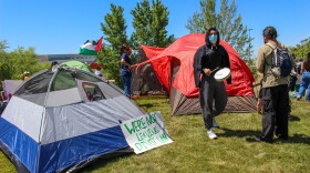 Students at University of California, Merced, set up tents as part of a protest over the war in Gaza on Sunday, May 12, 2024.