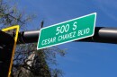 A street sign on 500 South in Salt Lake City that says “Cesar Chavez Blvd,” March 24, 2026.