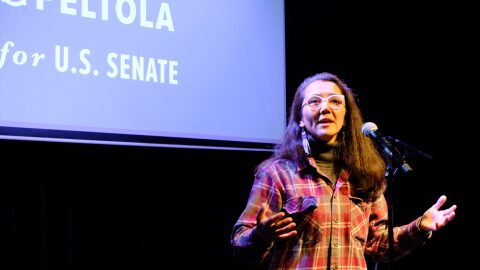 Mary Peltola speaks to a crowd of supporters for her candidacy for U.S. Senate at a campaign kick off event in Juneau on Jan. 23, 2026.