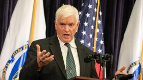 Lt. Gen. (Ret.) Scott Rice, the governor's emergency assistance director, announces a new migrant shelter fund at a State House press conference Tuesday, Nov. 7, 2023. 
