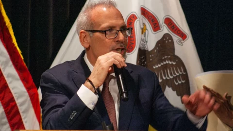 Illinois Supt. of Education Dr. Tony Sanders speaks at the Governor’s Mansion in Springfield in March 2026.