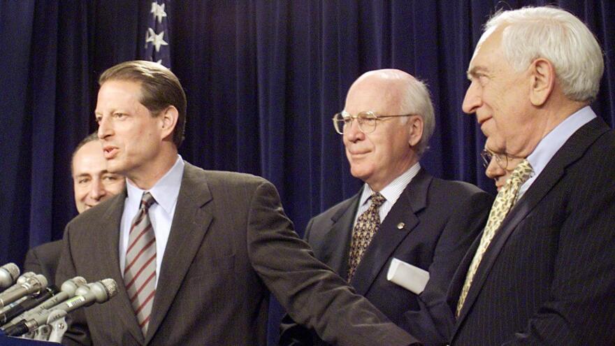 Former Vice President Al Gore after he cast the tie-breaking vote on the Lautenberg Amendment on Capitol Hill in 1999 in Wash., D.C.