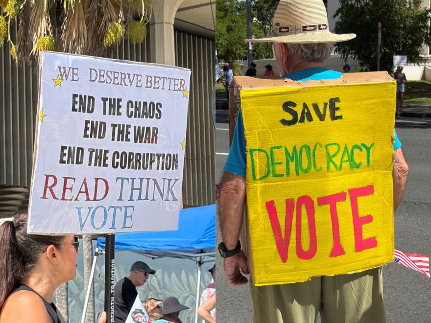A variety of signs promoting early voting at the No Dictators rally on Oct 17, 2026.