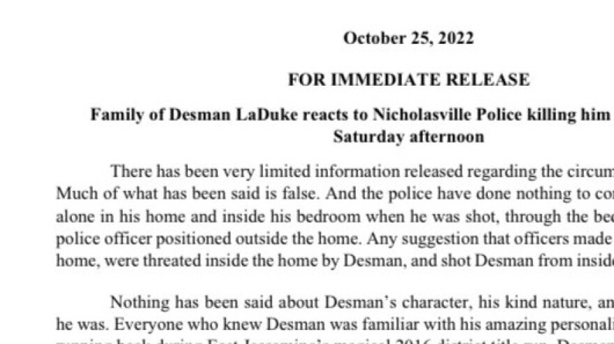 A screenshot of a press release regarding the death of Desman LaDuke