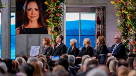 A picture of Nobel Peace Prize laureate Maria Corina Machado during the Nobel Peace Prize award ceremony at Oslo City Hall, in Oslo, Norway, Wednesday Dec. 10, 2025. (Ole Berg-Rusten/NTB Scanpix, Pool via AP)
