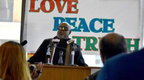Rev. Sylvester Williams speaking at an event where South Bend ministers prayed for the city to "heal."