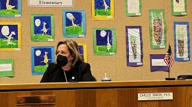 Alachua County Superintendent Carlee Simon watches on Tuesday as the board evaluates her performance in her job. (Will Levenson/WUFT News)