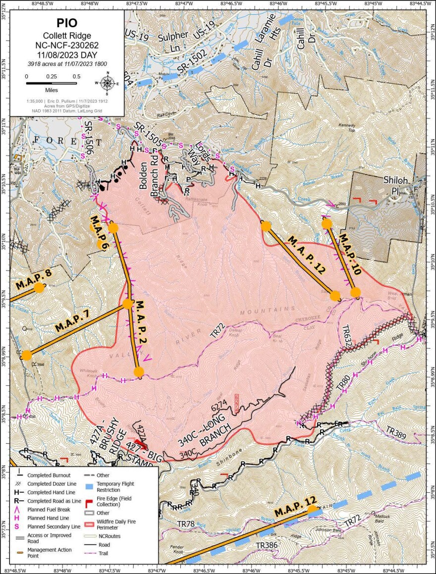 The Collett Ridge Fire now covers 3,918 acres in Cherokee and Clay Counties.
