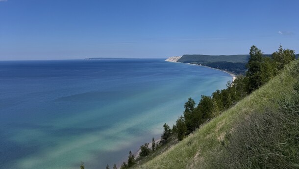 View of blue Lake Michigan on a sunny day from Sleep Bear Dune National Lakeshore.