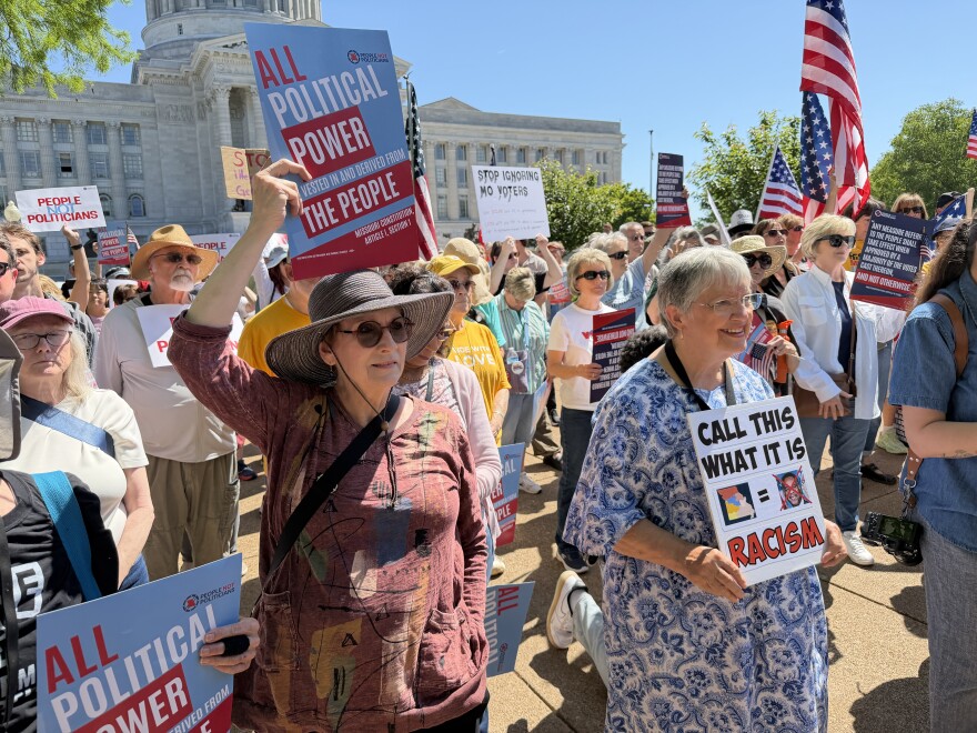 Supporters of the People Not Politicians referendum rally on Tuesday at the Missouri Capitol. Organizers of the bid to overturn a congressional map passed last year aimed at ousting Democratic Rep. Emanuel Cleaver want Secretary of State Denny Hoskins to make a decision now on whether the referendum will be on the November 2026 ballot.