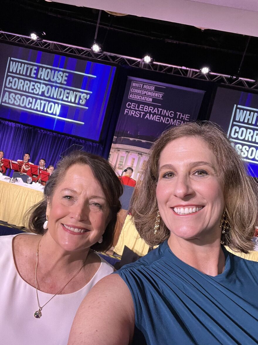 Indiana Supreme Court Chief Justice Loretta Rush, left, and court spokeswoman Kathryn Dolan pose for a photo before chaos ensued at the White House Correspondents’ Dinner on April 25, 2026, in Washington D.C.