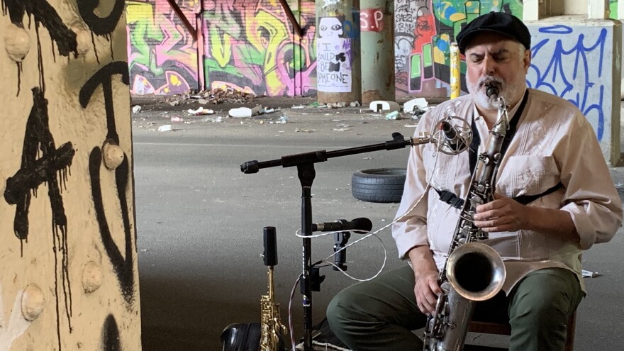 Tony Malaby, photographed in the fall of 2021, underneath the New Jersey Turnpike.