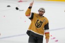 Vegas Golden Knights right wing Mark Stone (61) celebrates after Game 4 of the Western Conference finals NHL hockey Stanley Cup playoff series against the Colorado Avalanche Tuesday, May 26, 2026, in Las Vegas. (AP Photo/John Locher)