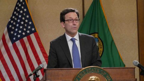 Gov. Bob Ferguson speaks to reporters about income tax legislation Democratic lawmakers unveiled on Feb. 3, 2026.
