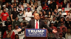 Donald Trump appears at a rally in Oklahoma City on February 26, 2016.