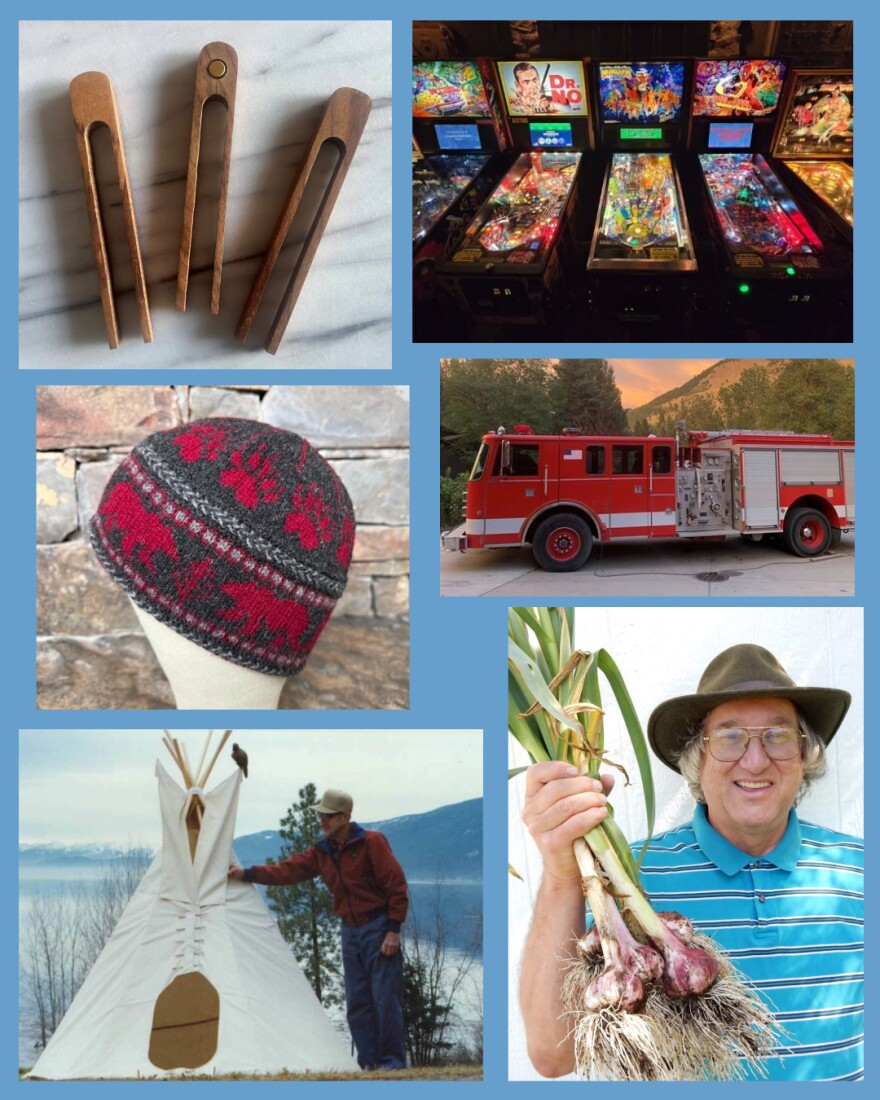 Collage of six images on a blue background: wooden kitchen utensils on a marble surface; a row of illuminated pinball machines; a red knit hat with animal patterns; a red fire truck parked outdoors at sunset; a small teepee set up near a lake with a person standing beside it; and a smiling man wearing glasses and a hat holding a bunch of freshly harvested garlic.