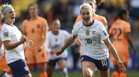 United States' Lindsey Horan celebrates her team's first U.S. goal during the Women's World Cup Group E soccer match between the United States and the Netherlands. (Alysa Rubin/AP)