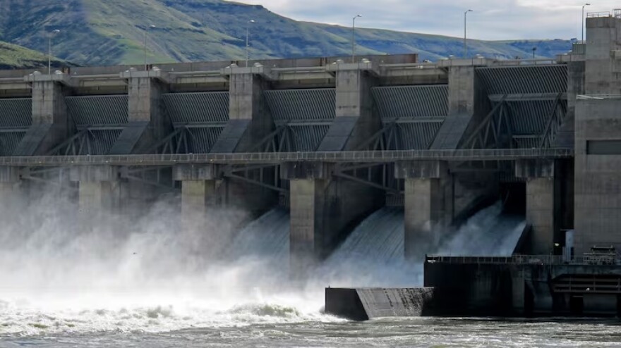 FILE - Water moves through a spillway of the Lower Granite Dam on the Snake River near Almota, Wash., April 11, 2018.