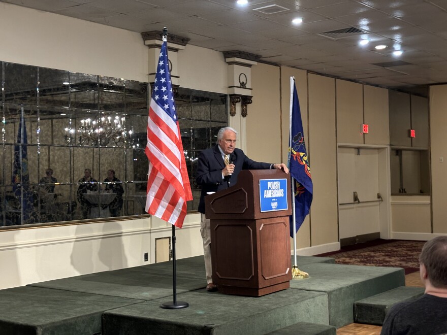 Eddie Day Pashinski addresses a crowd at Genetti's in Wilkes-Barre on Oct. 16 about Kamala Harris during a canvassing event for the Polish American vote.