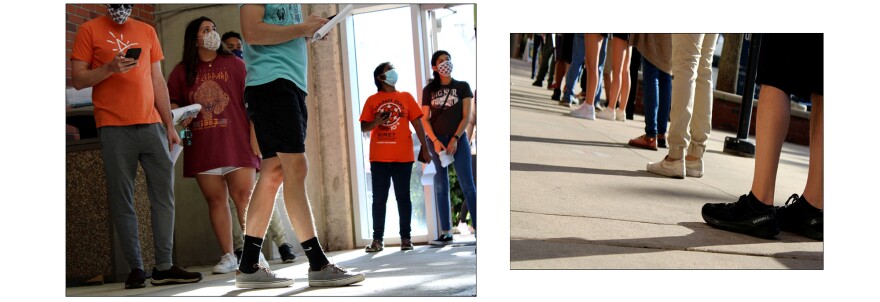 Students wait to go up the escalator, where they will receive their vaccine.