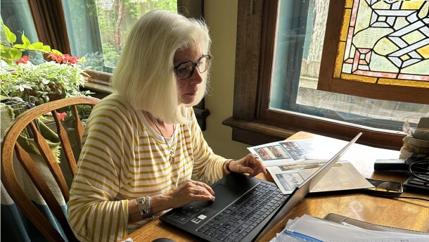 Richards in her home office immersing herself in research for the upcoming lecture on Fort Wayne Industrialists
