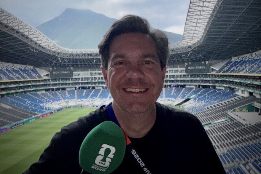 John Dale is one of the English Language public address announcers for the FIFA Matches in Monterrey, Mexico, Here he poses in the stadium coined as the "Steel Giant" or Estadio Monterrey for the World Cup.
