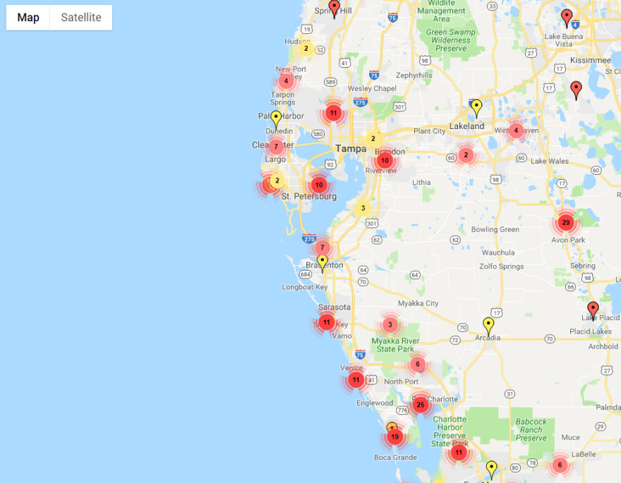 Screenshot of interactive map of sightings of green iguanas over the last few years.