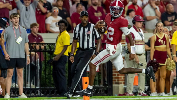 Alabama quarterback Keelon Russell (12) runs into the end zone for a 57-yard touchdown run against Florida State during the second half of an NCAA college football game Saturday, Sept. 19, 2026, in Tuscaloosa, Ala. (AP Photo/Vasha Hunt)