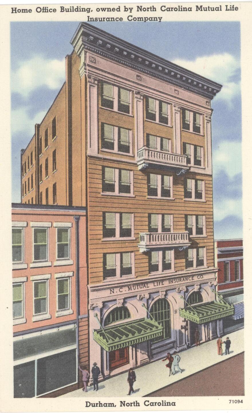 A postcard showing the North Carolina Mutual Life Insurance Company building.