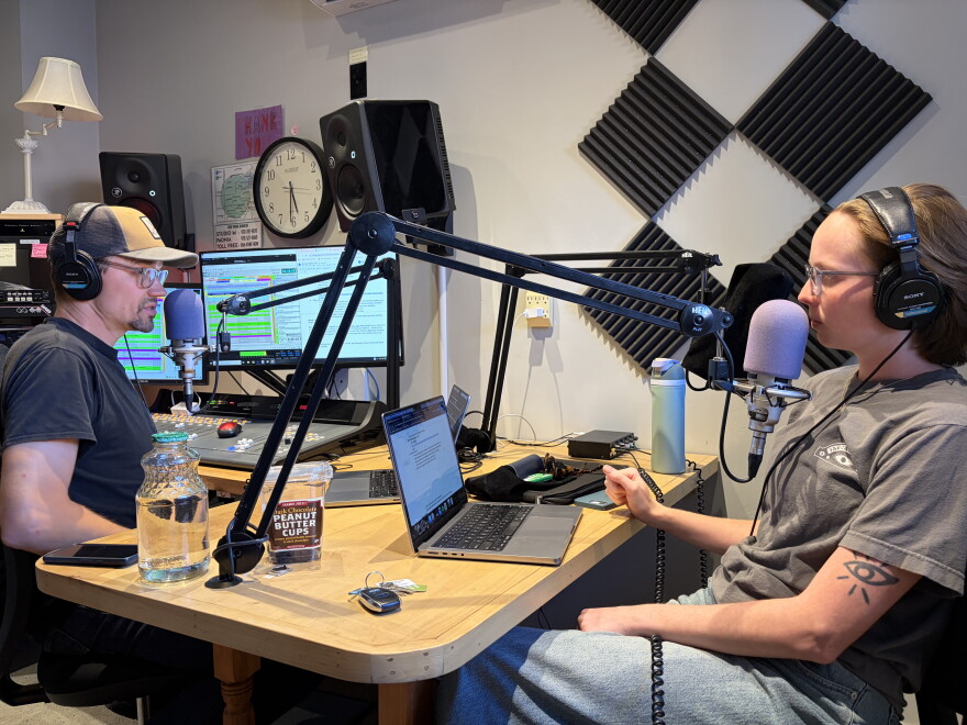 Audrey McCabe (right), and Brody Wilson (left) hosting a special live episode of Local Motion from Studio M in downtown Montrose. (yes we were fueled by peanut butter cups)