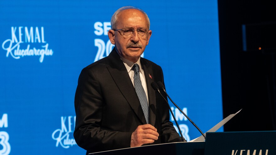 Presidential candidate of the main opposition alliance Kemal Kilicdaroglu speaks to the media at the Republican People's Party headquarters on Monday in Ankara, Turkey.