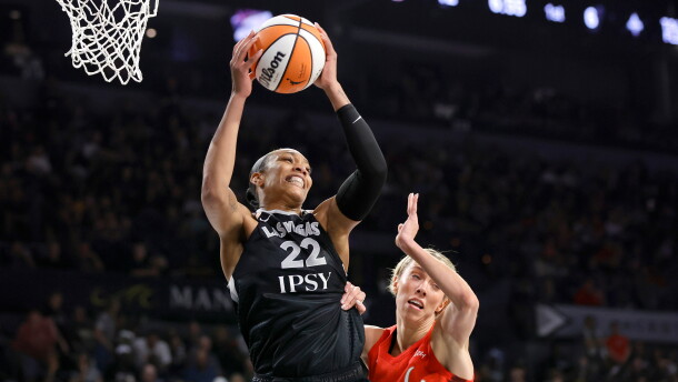 Las Vegas Aces center A'ja Wilson (22) pulls down a rebound by Indiana Fever guard Lexie Hull (10) during the first half in Game 3 of an WNBA basketball first-round playoff series Thursday, Oct.1, 2026, in Las Vegas. (AP Photo/Steve Marcus)