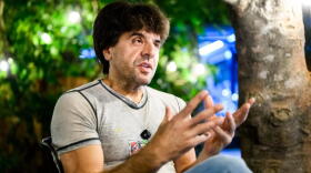 Karl Deisseroth, one of the three recipients of the 2026 Nobel Prize in medicine, answers questions at home on Monday, Oct. 5, 2026, in Stanford, Calif. (Noah Berger/AP)