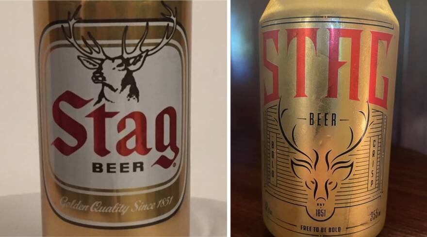 Cans show the classic Stag beer logo, left, and updated image that Pabst Brewing Co. adopted in 2019. The company changed it back this summer, pleasing many traditional customers.