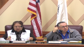Confederated Tribes of Grande Ronde tribal council member Cheryle Kennedy (L) and Chairman Reynold Leno at a recent meeting, where they discussed agreements with several schools to continue mascot use. 