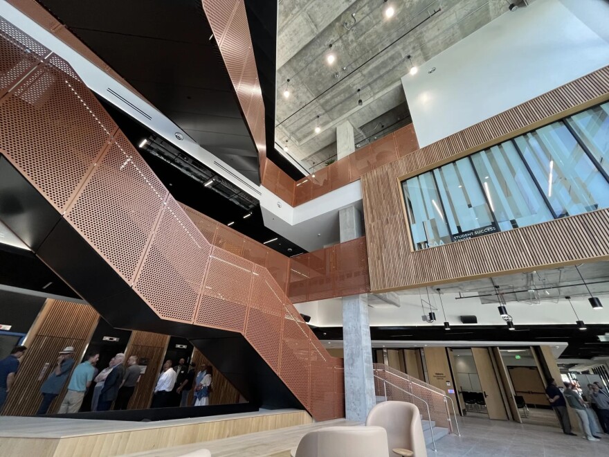 The entrance area and atrium of UT San Antonio’s San Pedro II on Dolorosa Street on June 17, 2026.