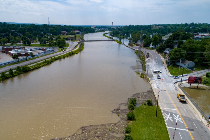 June 4, 2019. The River des Peres flows out of its banks south of I-55, near Gravois Creek and the Alabama Ave. bridge. The gauge just upstream at Morganford Road read more than 28 feet, which is the highest reading since at least 2002.