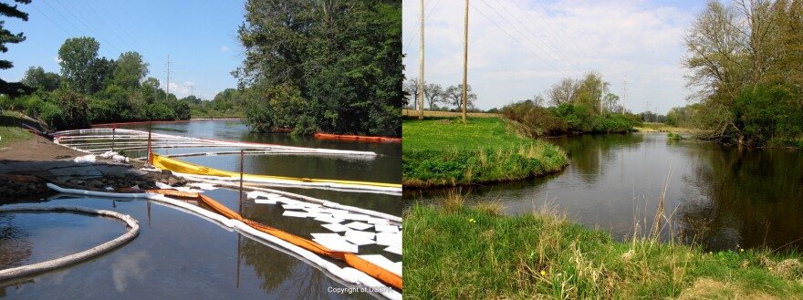 The confluence of Talmadge Creek and the Kalamazoo River in 2010 (left), and in 2015 (right).