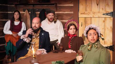 The cast of "Murder at the Black Dog Tavern" rehearse at the Kenai Performers' theater near Soldotna, Alaska, on Monday, July 27, 2026.